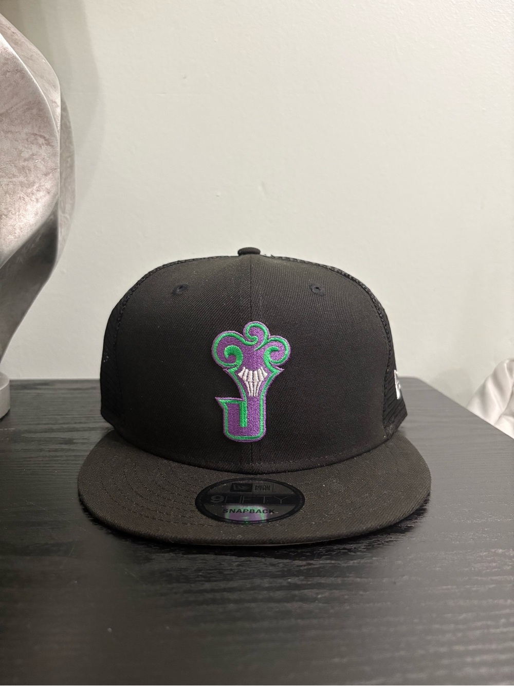 Black Snapback Hat with Purple & Green Joker Embroidered Logo